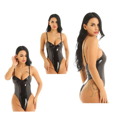 Buy Women One Piece Wetlook Patent Leather Lingerie High Cut Thong