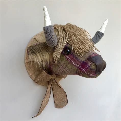 Highland Cow Head Faux Taxidermy Handmade Berry Check Tweed Etsy Uk