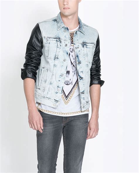 Zara Bleached Denim Jacket With Faux Leaver Sleeves In Blue For Men Lyst