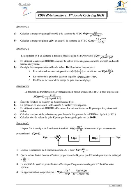 Td Automatique Bode Nyquist Et Black A Radouane Exercice A