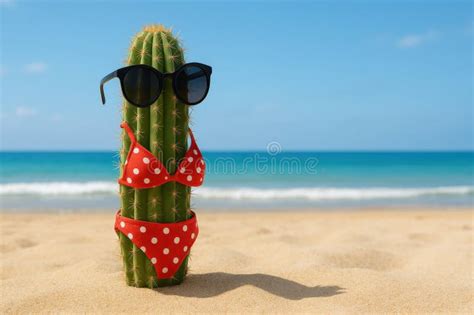 Cactus Wearing Sunglasses And A Red Polka Dot Bikini On A Sandy Beach Stock Image Image Of