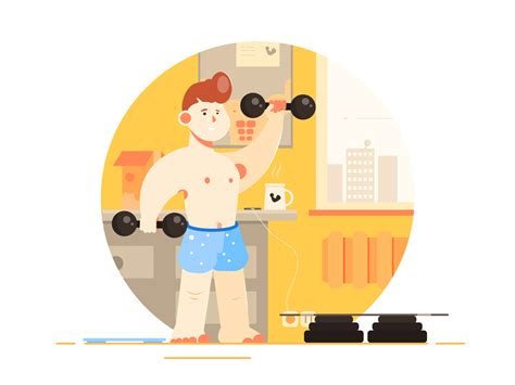 The Illustration Shows A Man Who Does Fitness At Home By Nikita