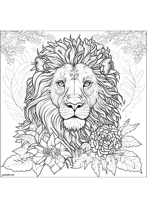 Lion Head And Flowers Lions Adult Coloring Pages