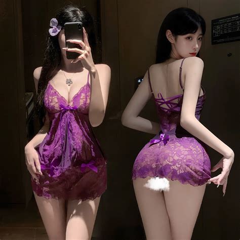 Howard S Secret Sexy Lingerie Transparent Lace Uniform Deep V Neck Purple Strap Skirt Sexy Home