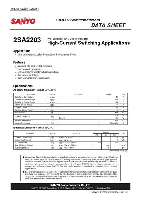 2SA2203 Datasheet PNP Epitaxial Planar Silicon Transistor