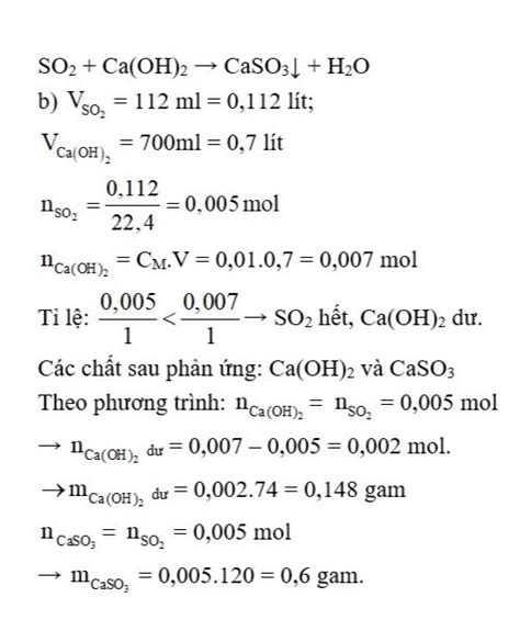 Dẫn 112ml Khí So2 đktc đi Qua 700 Ml Dung Dịch Ca Oh 2 Có Nồng độ 0 01m Sản Phẩm Là Muối