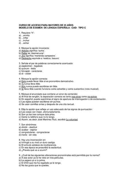 Examen Curso De Acceso Para Mayores De A Os Modelo De Examen De