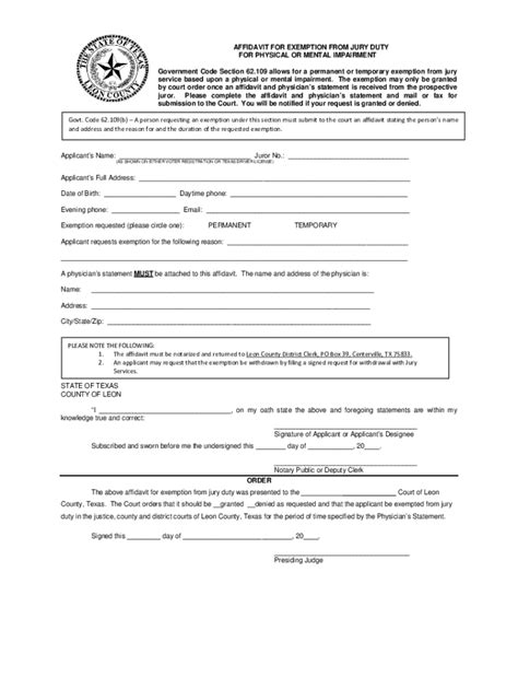 Fillable Online Affidavit For Exemption From Jury Duty Leon County