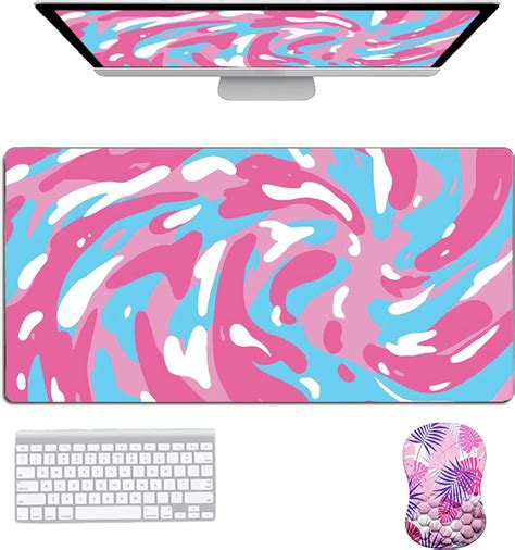 Extended Xl Pink Blue Marble Mouse Pad With Stitched Edges