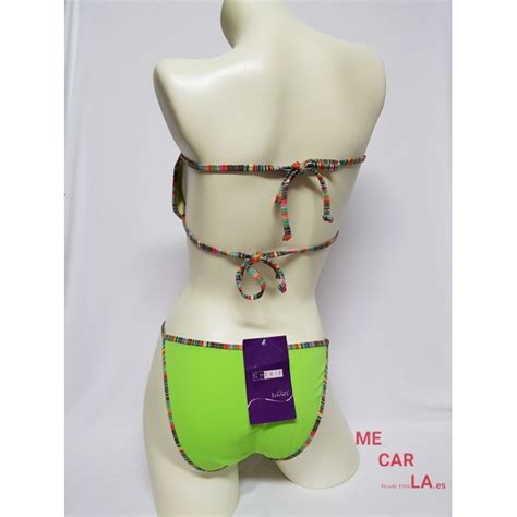 Bikini Multi Posiciones En Verde Pistacho Con Ribetes Multicolor Ch