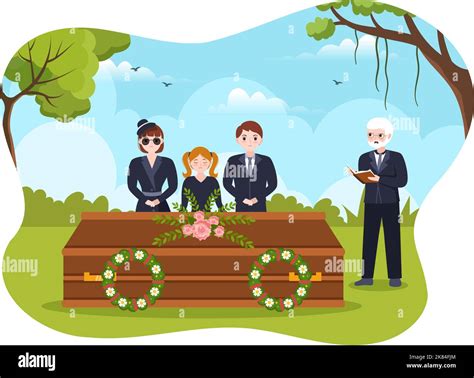 Funeral Ceremony In Grave Of Sad People In Black Clothes Standing And