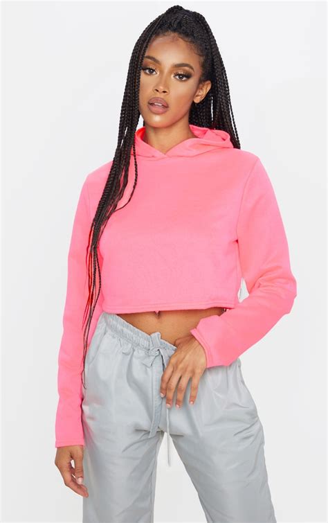 Basic Neon Pink Crop Hoodie Tops Prettylittlething Ie