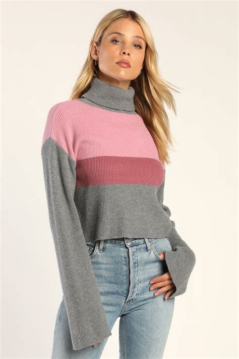 Color Block Sweater Turtleneck Sweater Cropped Grey Sweater Lulus