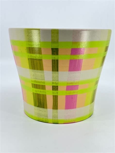 Planter Scheurich Hand Painted Neon Plaid Checkered Pink Green