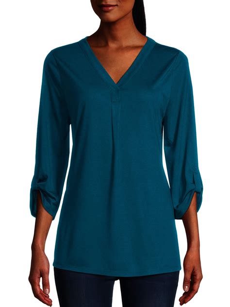 Hanes Rolled Sleeve V Neck Top Womens