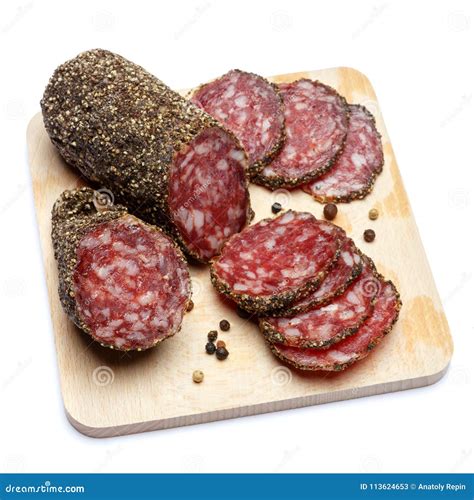 Dried Organic Salami Sausage Covered With Pepper On Wooden Serving