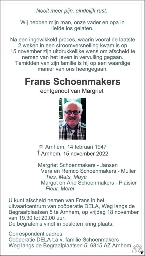 Frans Schoenmakers 15 11 2022 Overlijdensbericht En Condoleances