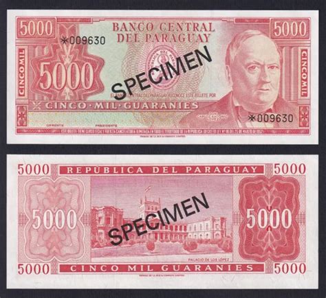 PARAGUAY 5000 GUARANIES 1952 P 202bs Specimen Fds UNC L DR EUR 33 59