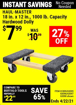 HAUL-MASTER 18 In. X 12 In. 1000 Lb. Capacity Hardwood Dolly for $7.99 ...