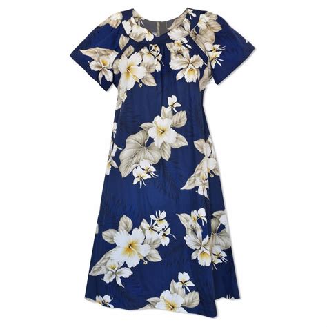 Hibiscus Joy Navy Cotton Hawaiian Tea Muumuu Dress Muumuu Muumuu