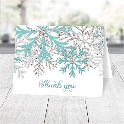 Winter Thank You Cards Teal Silver Snowflake Printed Thank You Cards