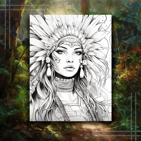 Feathered Goddess Adult Coloring Pages Greyscale Line Art Etsy