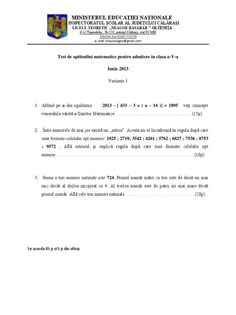 PDF Test De Aptitudini Matematice Pentru Admitere In Clasa A V A