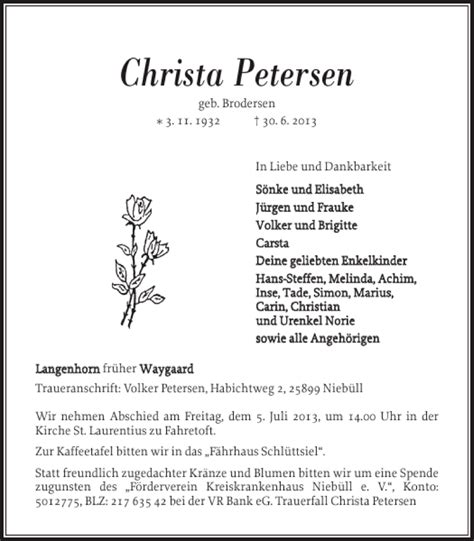 Traueranzeigen Von Christa Petersen Sh Z Trauer