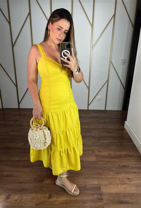 Vestido Midi Amarelo Linho Pamela JJ Modas