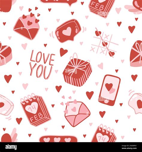 Vector Valentines Day Seamless Pattern With Hand Drawn Love Symbols