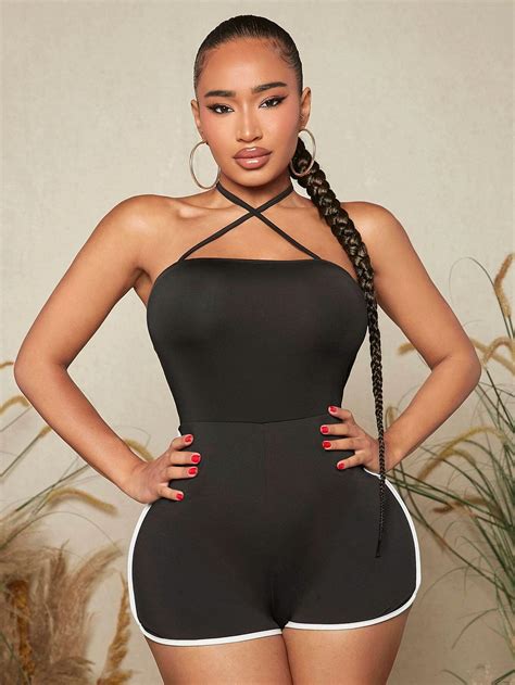 Contrast Binding Halter Neck Backless Unitard Romper Comfy Jumpsuits