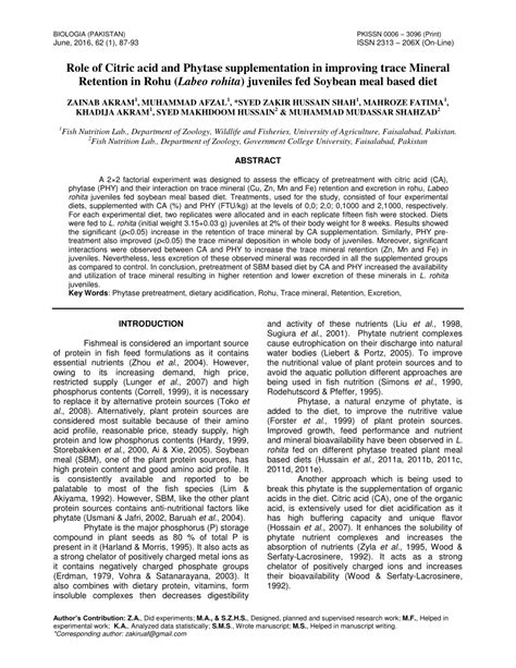 Pdf Role Of Citric Acid And Phytase Supplementation In Improving