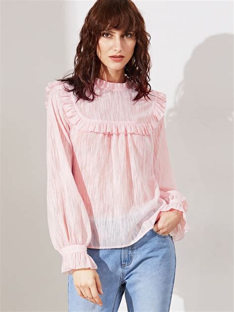 Shein Pink Buttoned Keyhole Back Ruffle Blouse Women Shirts Blouse