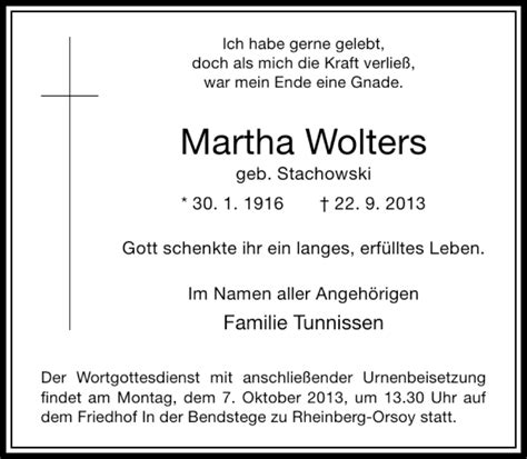 Alle Traueranzeigen für Martha Wolters trauer rp online de