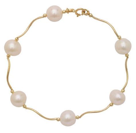 14k Gold Round 885mm White Freshwater Cultured Pearl Station Bracelet Yellowgold Click On