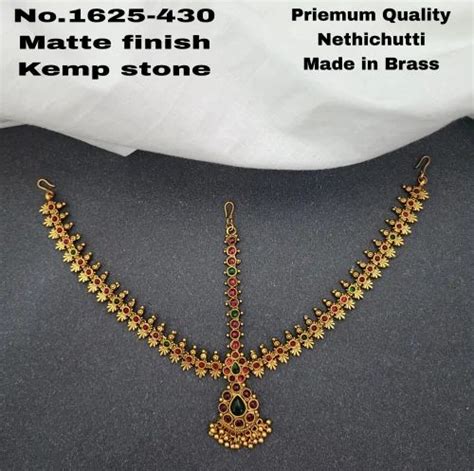 Golden Brass Damini Matte Finish Kemp Stone Head Set Party At Rs