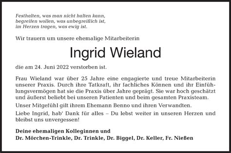 Traueranzeigen von Ingrid Wieland Südwest Presse Trauer