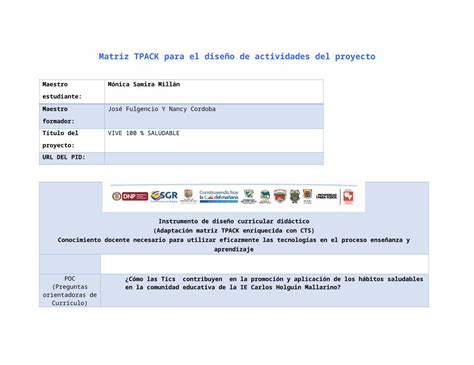 Docx Matriz Tpack Para Actividades Proyecto Vive Saludable