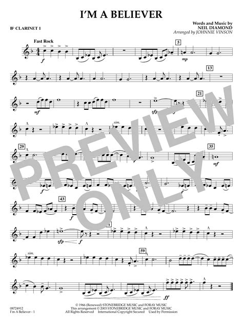 I M A Believer Arr Johnnie Vinson Bb Clarinet 1 Sheet Music The