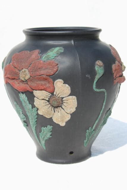 Art Deco Vintage Tiffin Glass Vase Black Satin Puffy Glass W Coralene Poppies Floral