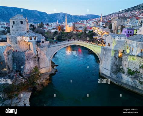 Twilight View Of The Old Bridge In Mostar City In Bosnia And