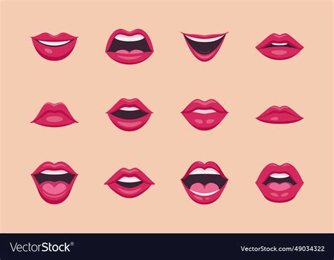 Flat Red Female Lips Icon Set Closeup Royalty Free Vector