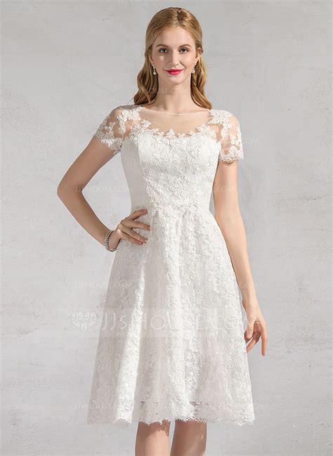 A Line Princess Scoop Neck Knee Length Lace Wedding Dress 002083687