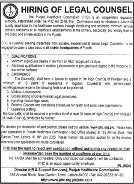 Legal Counsel Job At Punjab Healthcare Commission Phc Job