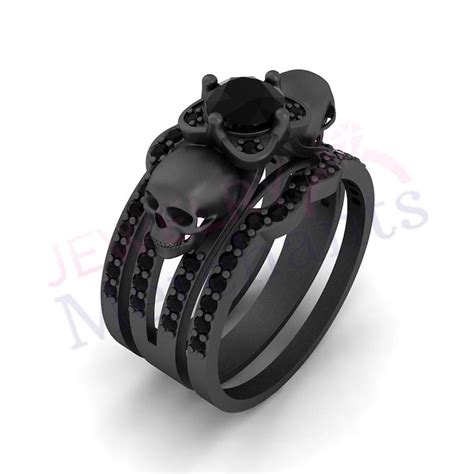 Gothic Wedding Ring Set 255 Ct Black Round Moissanite 925 Etsy