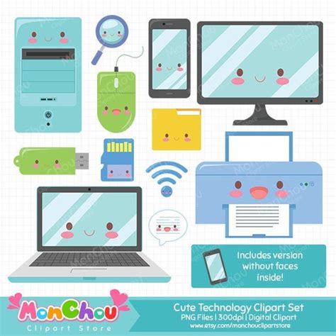 Kawaii Technology Clipart Cute Tech Clipart Set Instant Etsy