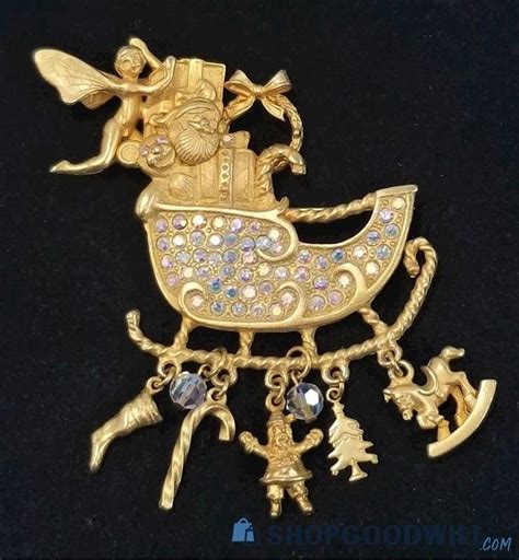 Signed Kirks Folly Gold Tone Santa Sleigh Rhinestone Christmas Brooch