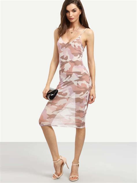 Pink Camo Print Sheer Bodycon Dressfor Women Romwe