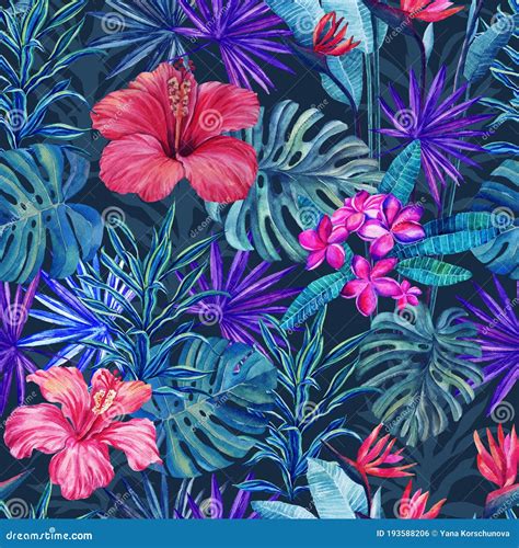 Bright Watercolor Classic Tropical Seamless Pattern In Cool Colors