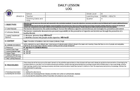 Cot Dll Q4 For Your Good Daily Lesson Log Grade 8 School Grade Level 8 Teacher Learning Area